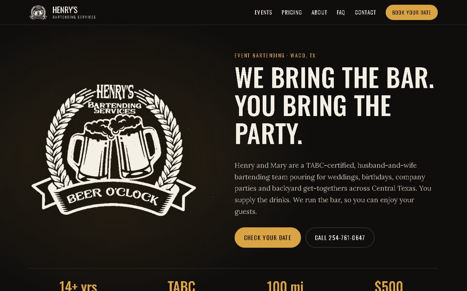 Home page of the Henry's Bartending Services website